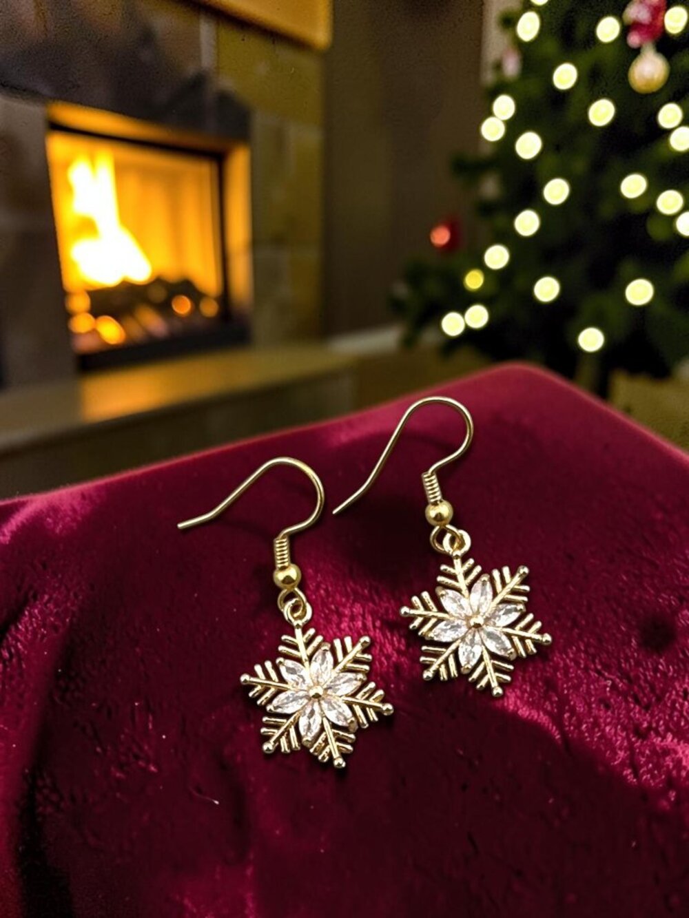 Crystal Snowflake Dangle Earrings Gold Plated Winter Holiday Jewelry